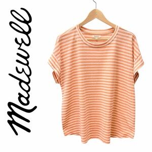 Madewell Women's XL Linen-Blend Asbury Tee in Lorrie Stripe Coral Orange Beige